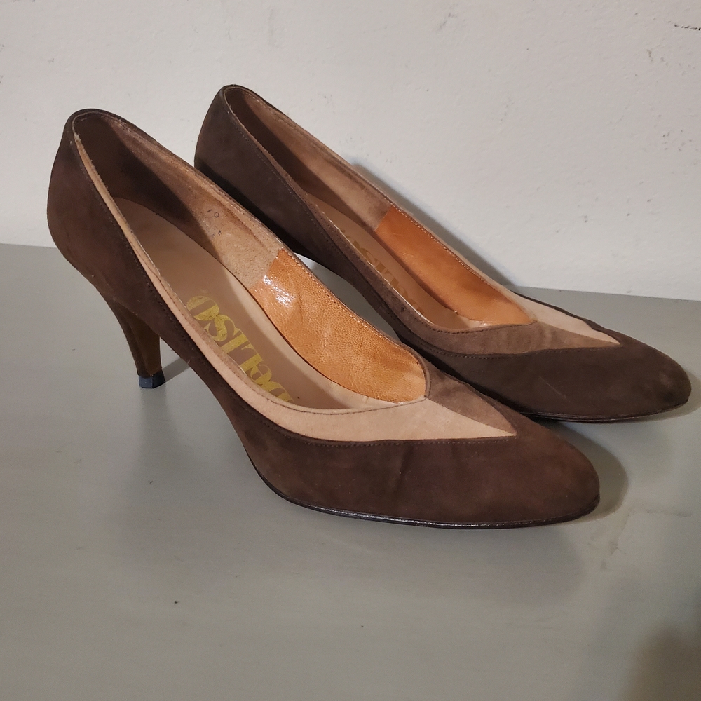 Vintage Brown Suede Colorblock Heels Size 6.5 1960s - Picture 2 of 9